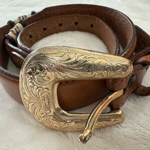Vintage Tony Lama Brown Leather Belt Gold Accents NICE!